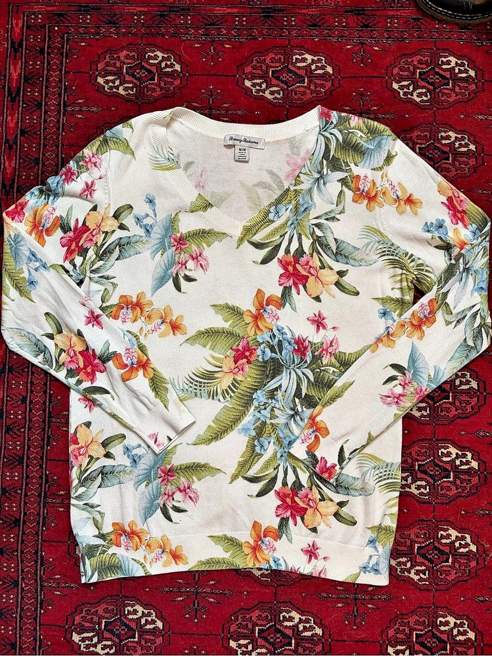 Tommy Bahama Tropical Resort Floral Orchid V-Neck Pullover Sweater Cream Med